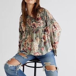 Free People Elsa Crushed Velvet Floral Sequin-Embellished L Tie-Front Green Pink